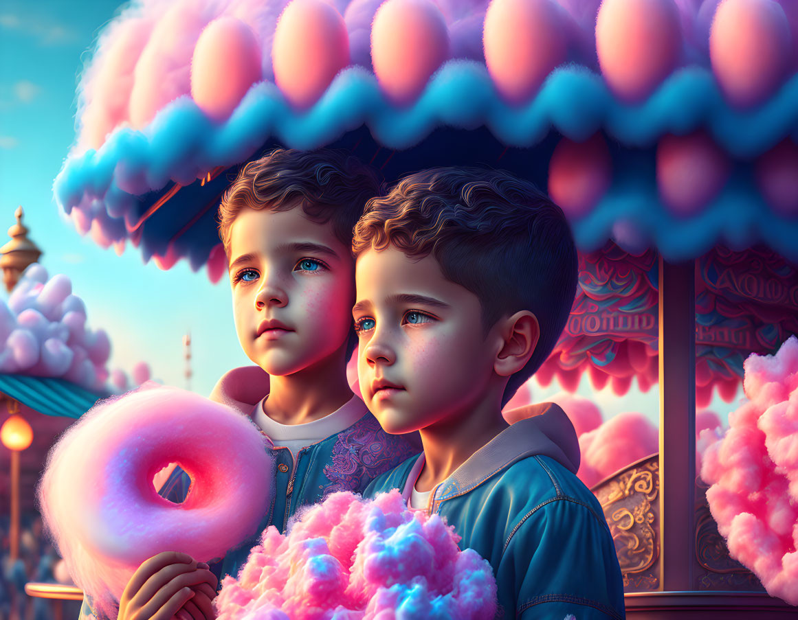 Children mesmerized by cotton candy at vibrant fairground