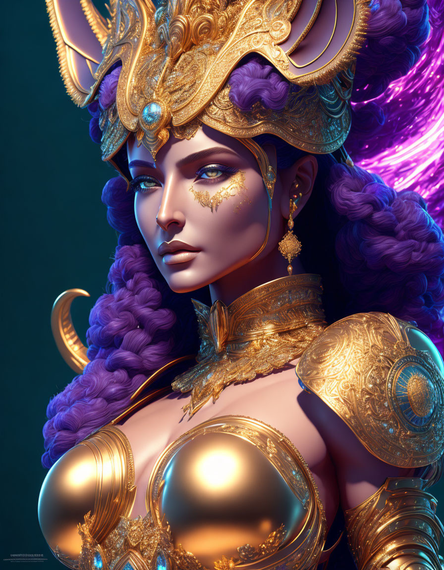 Majestic fantasy character in golden armor with violet hair