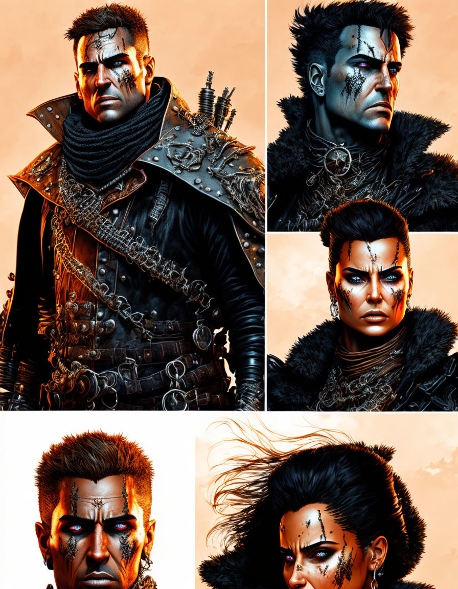 Six stylized portraits of a character with mohawk, scars, tribal face paint, punk attire