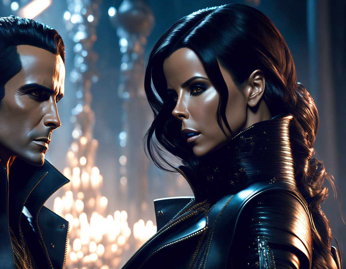 Futuristic couple in dark outfits with slick hairstyles