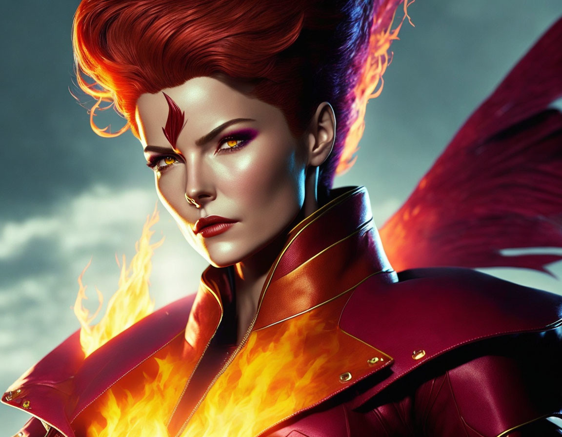 Fiery red-headed female character with flame-like hair in red and purple costume