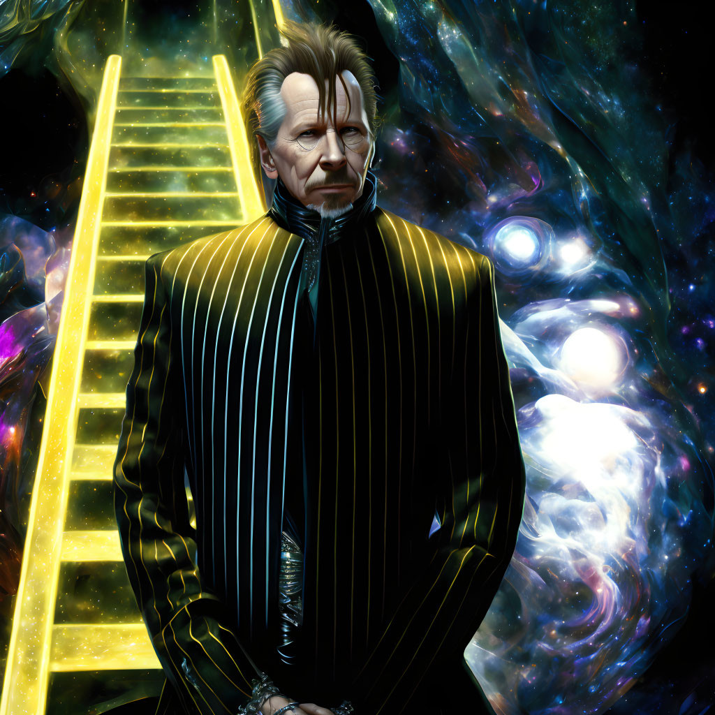 Man in futuristic suit with slicked-back hair in cosmic setting.