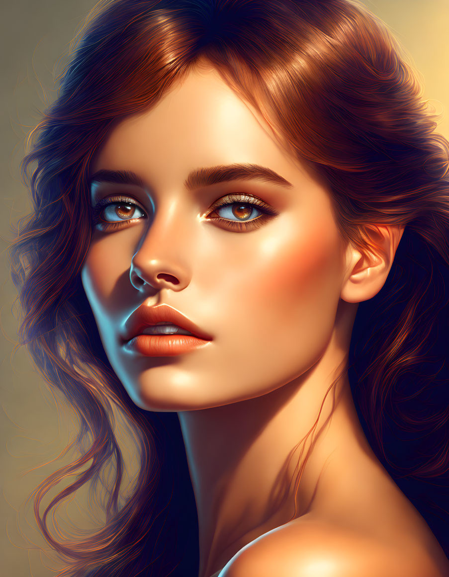 Detailed digital portrait of a woman with wavy hair and intense eyes