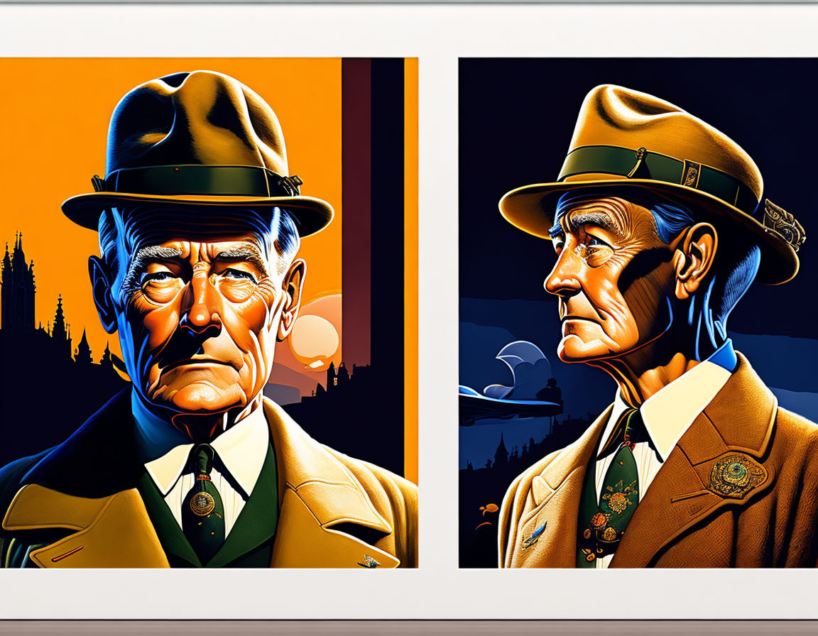 Stylized illustrations of man in fedora and trench coat with dramatic lighting.