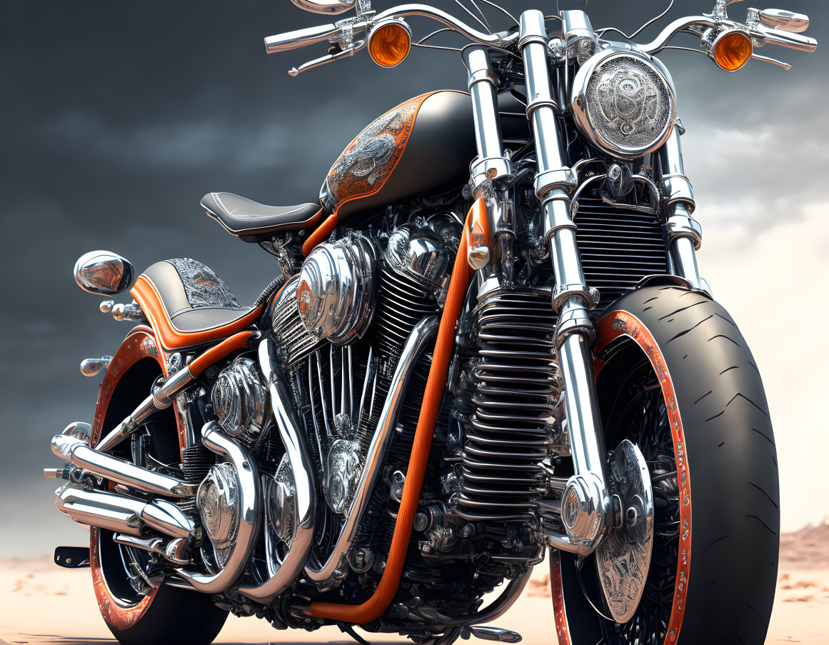 Custom Motorcycle with Chrome Engine and Orange Accents under Cloudy Sky