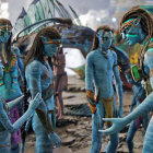 Blue-skinned humanoid figures in golden armor under alien sky with moons