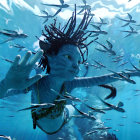 Blue-skinned elf-like creatures with fin-like ears in underwater scene.