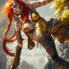 Fantasy digital artwork of female character in ornate golden armor