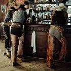 Cowboys in Western saloon with whiskey bottles and bar stools