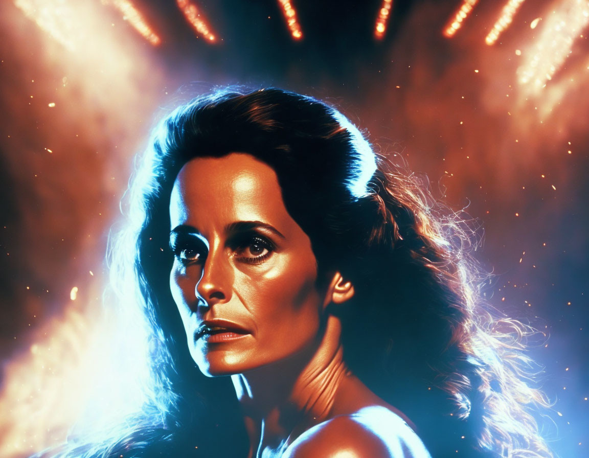 Intense-Eyed Woman Portrait with Radiant Light Flares