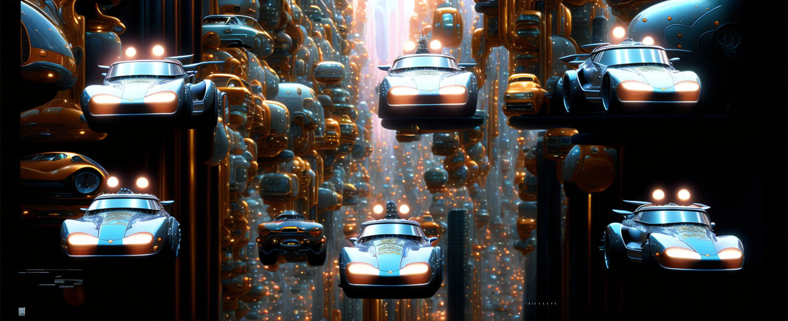 Futuristic cityscape with floating cars and towering buildings