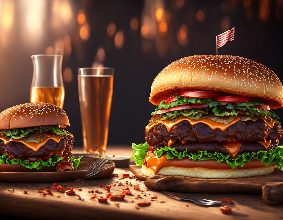 Double cheeseburgers with lettuce, tomatoes, and beer on wooden board