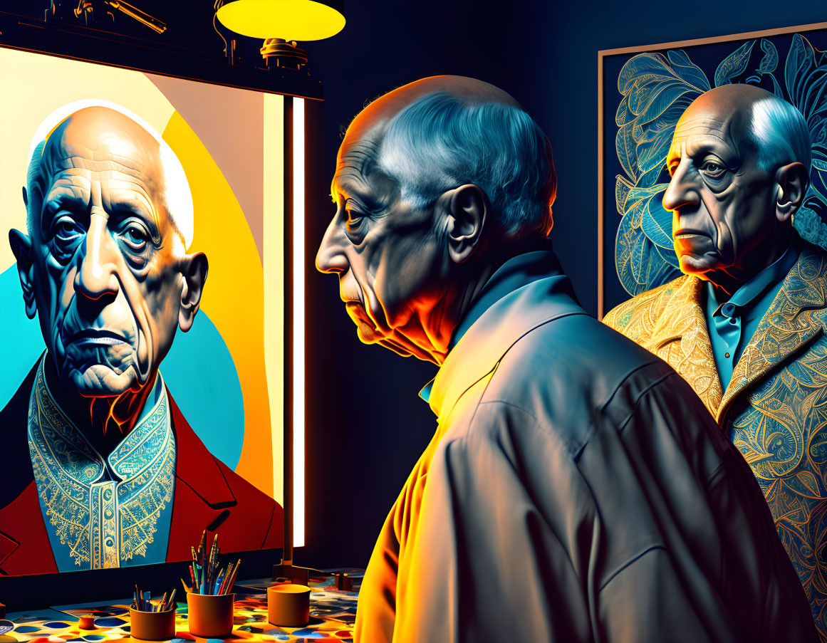 Surreal illustration of man with three expressions in colorful room