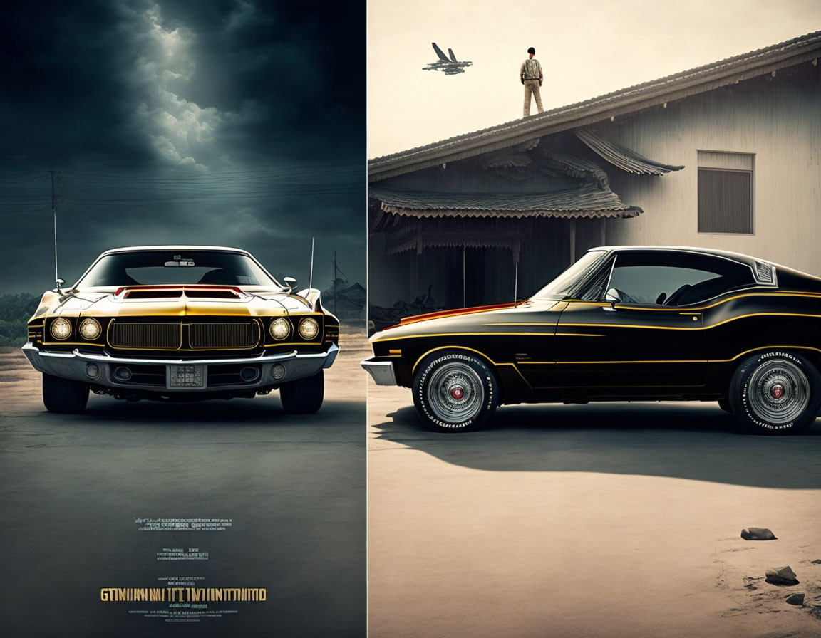 Vintage black car with gold trim parked under stormy sky, person on roof next to flying plane