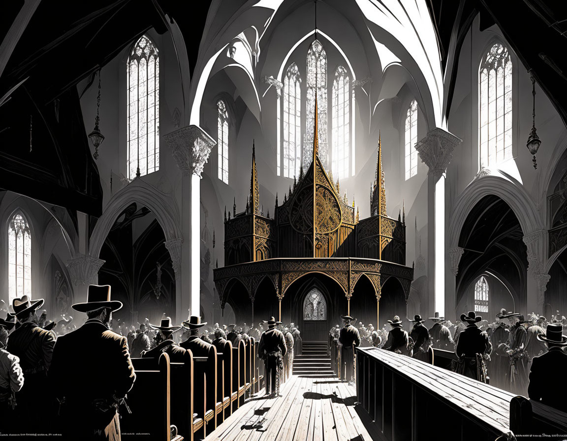 Monochromatic illustration of a grand gothic church assembly