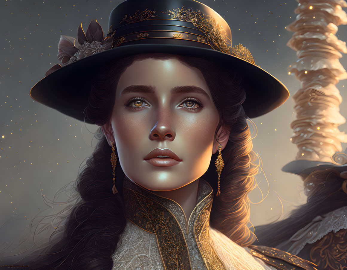 Digital portrait of woman with green eyes, dark hair, stylish hat, vintage clothing.