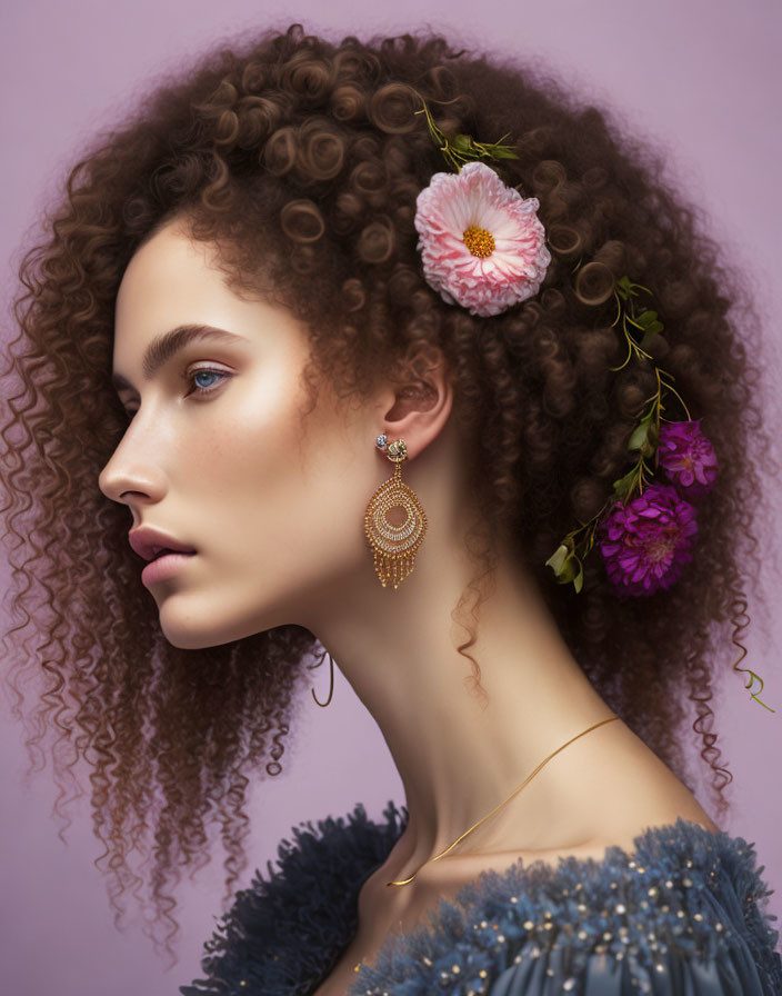 Curly-Haired Woman with Flowers and Blue Garment on Purple Background