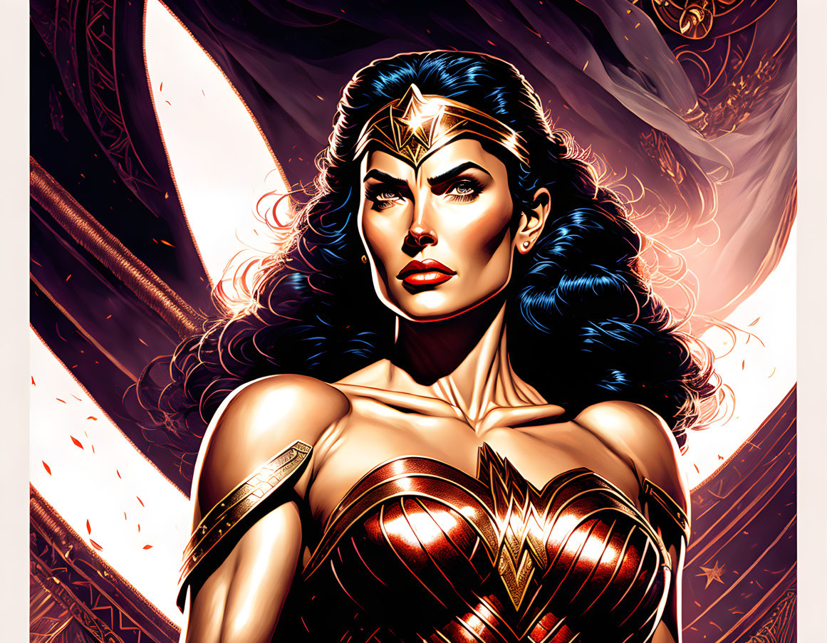 Iconic Wonder Woman illustration with costume, tiara, and determined expression on golden pattern backdrop