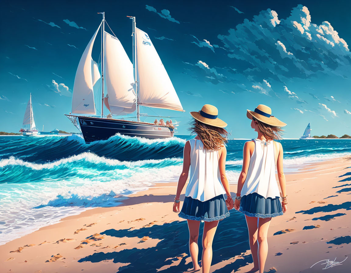 Two people in sun hats and dresses holding hands on beach watching sailboat on blue ocean.