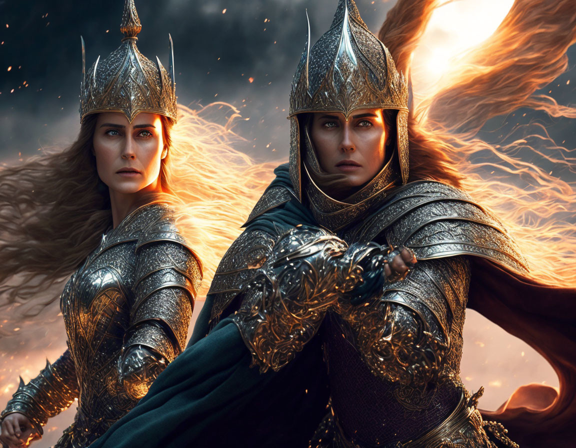 Armored female warriors in helmets against fiery backdrop