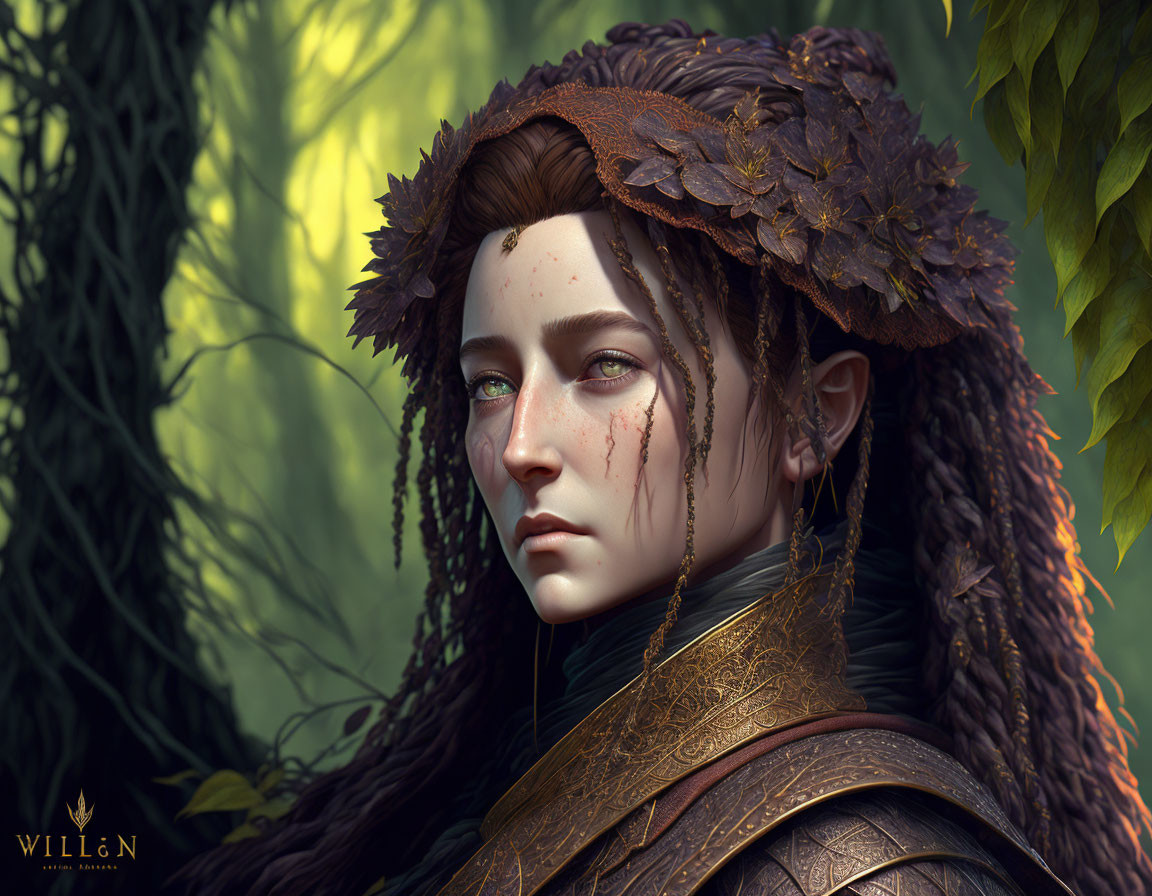 Digital portrait of woman with leafy headwear and golden armor against green foliage.