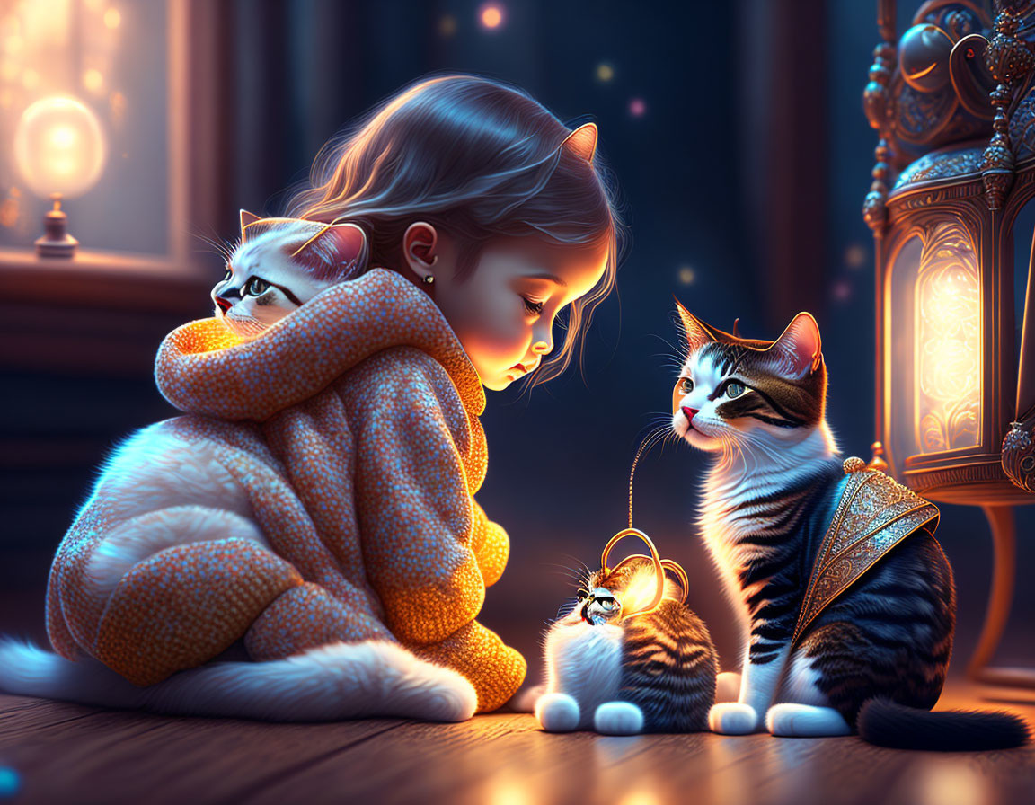 Girl in warm sweater admires glowing pendant with three cats under cozy indoor lighting