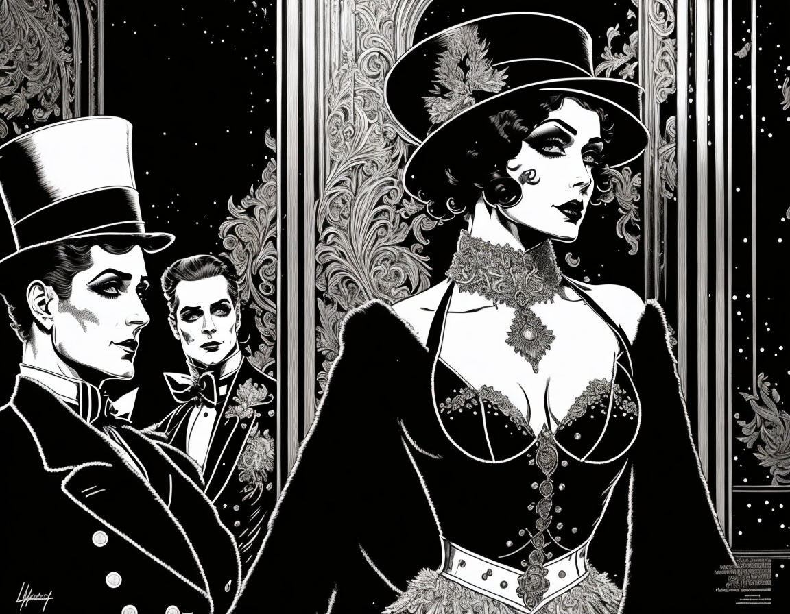 Monochrome noir-style illustration with elegant woman, two men in suits, and intricate background