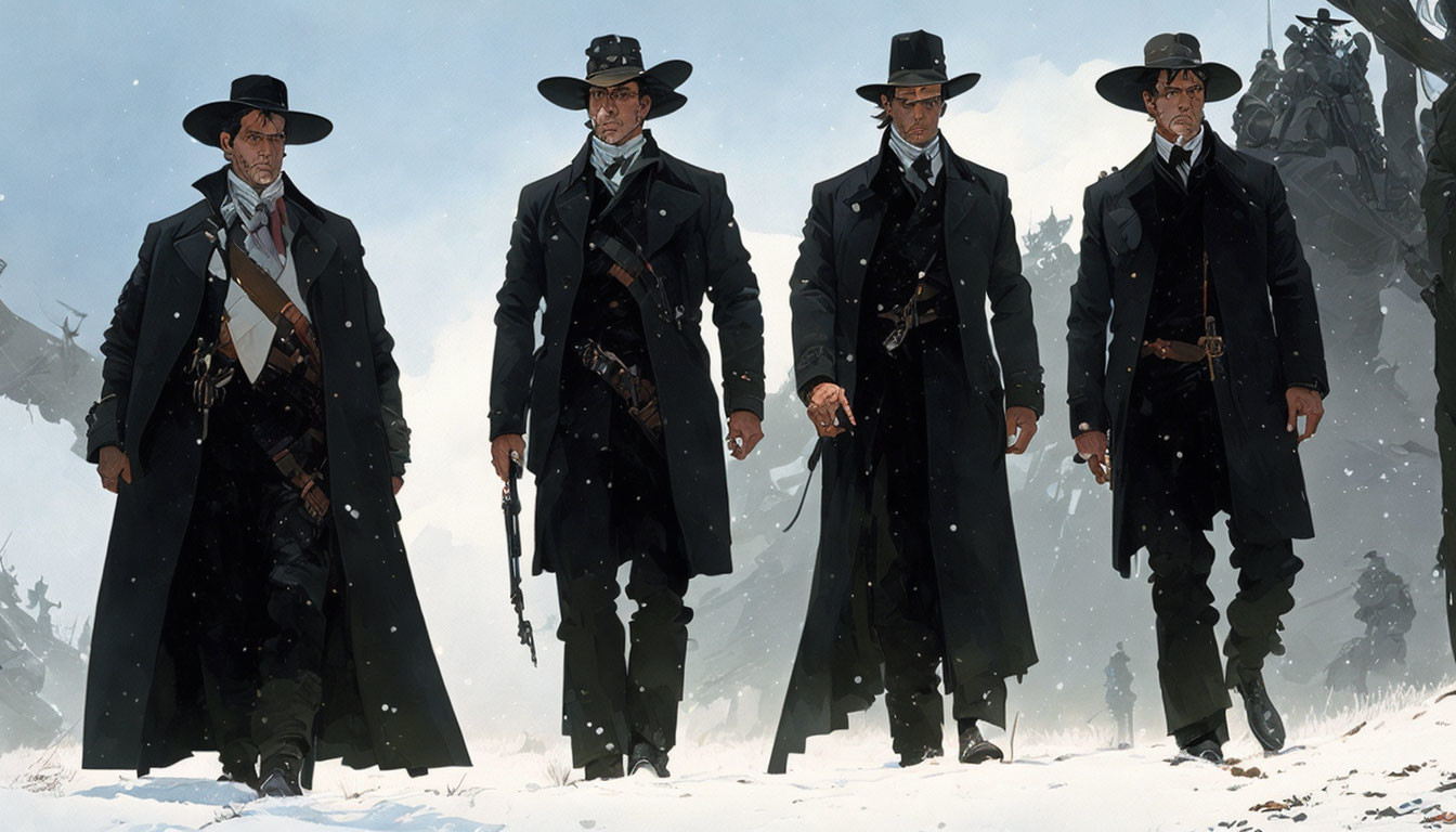 Four armed cowboys in black outfits and hats in snowy Western landscape