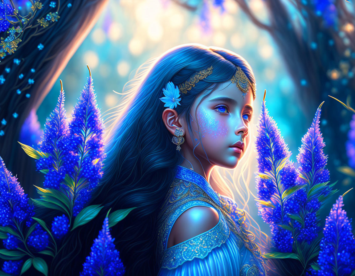 Digital artwork: Young girl with floral headpiece in luminous blue flower forest