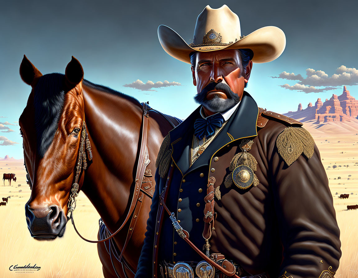 Stern Cowboy with Mustache Beside Horse in Prairie