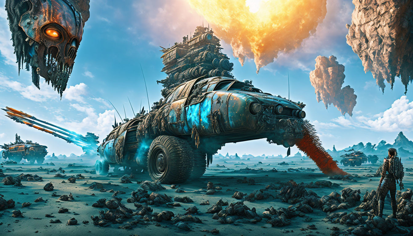 Futuristic desert scene with floating islands, armored figure, and explosion.