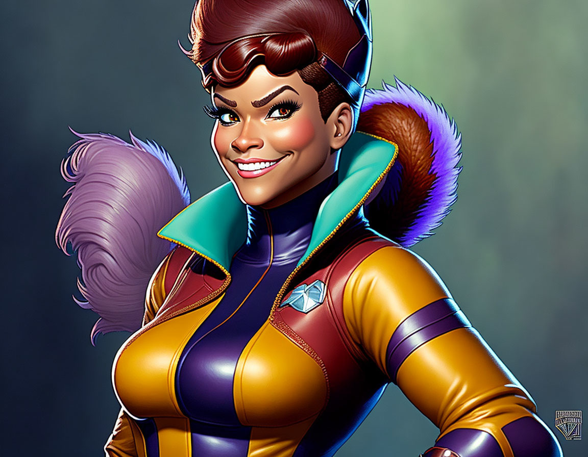 Smiling woman in futuristic costume with high collar and jetpack