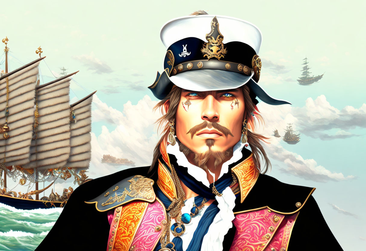 Male pirate captain illustration in ornate uniform with trimmed beard