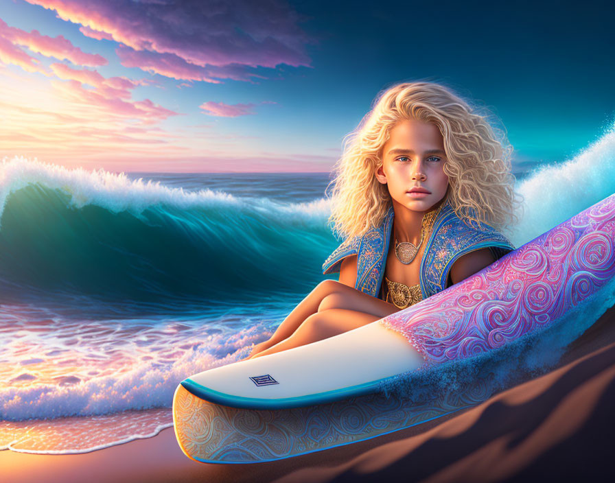 Curly Blonde-Haired Girl on Surfboard at Sunset