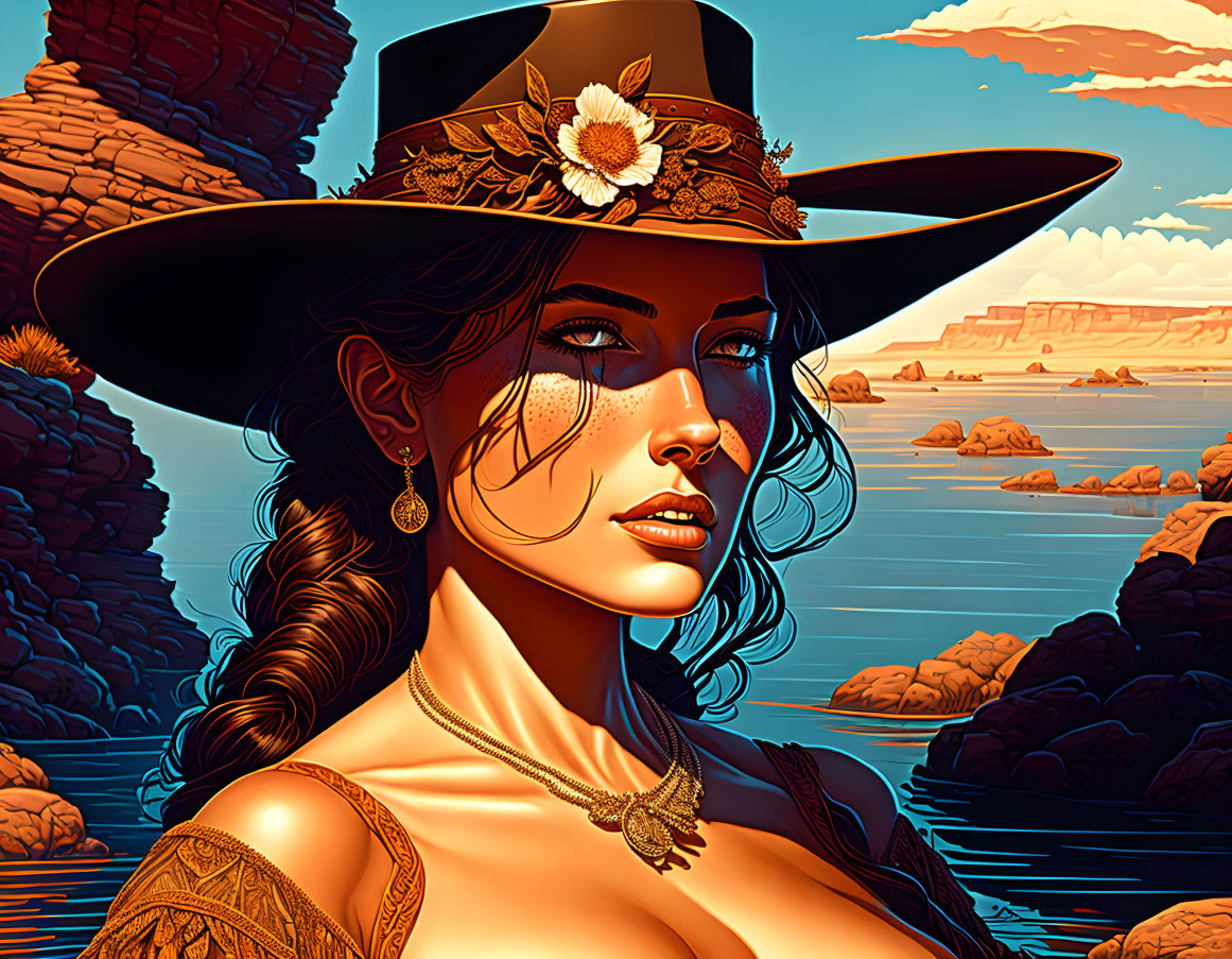 Stylized portrait of woman with wide-brimmed hat and flower against orange cliffs and blue water