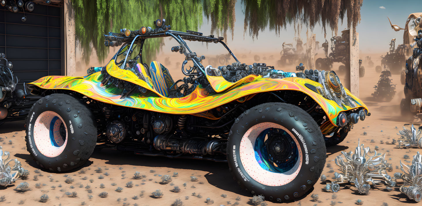 Colorful Off-Road Buggy on Sandy Terrain with Futuristic Structures