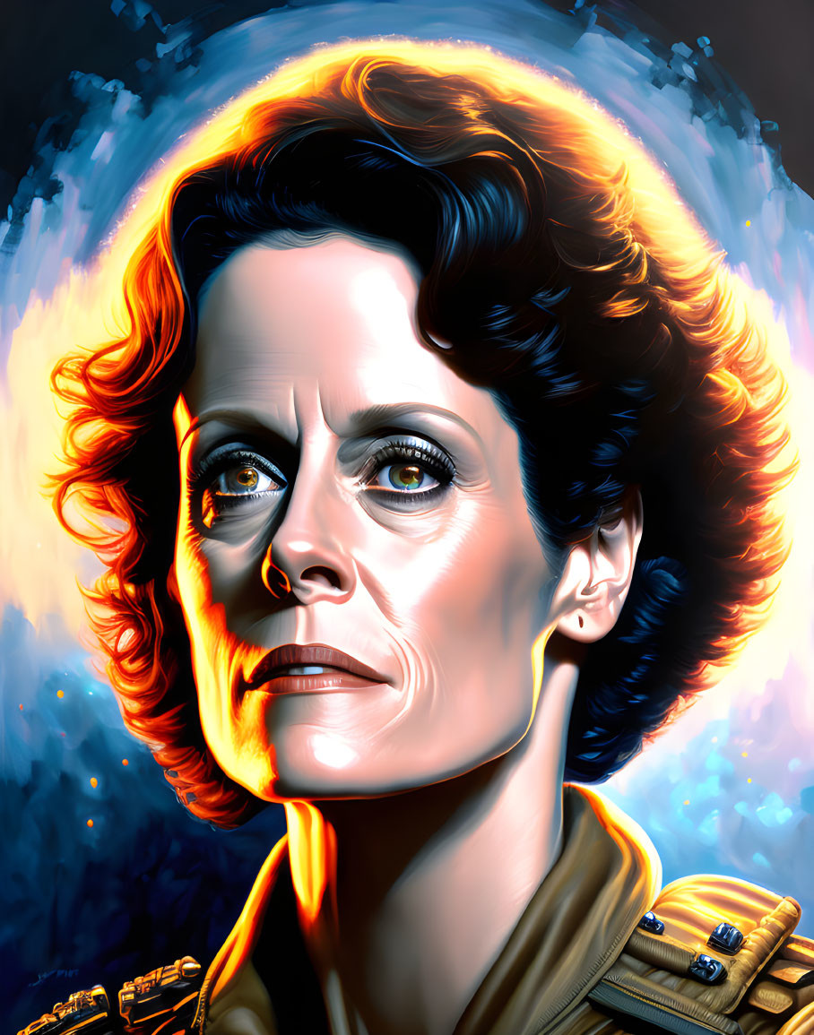 Woman with short, curly hair in military attire against cosmic backdrop