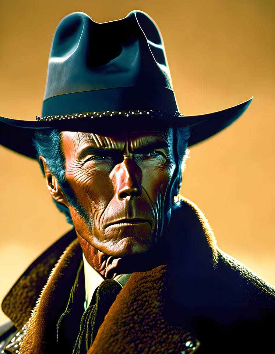 Cowboy hat character with stern expression against warm background.