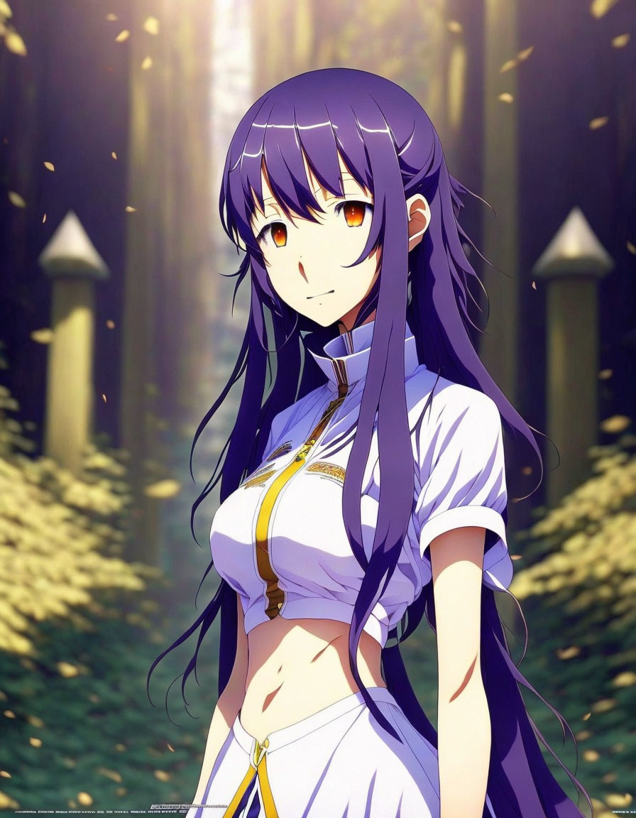 Animated female character with purple hair in white and blue outfit in sunny forest