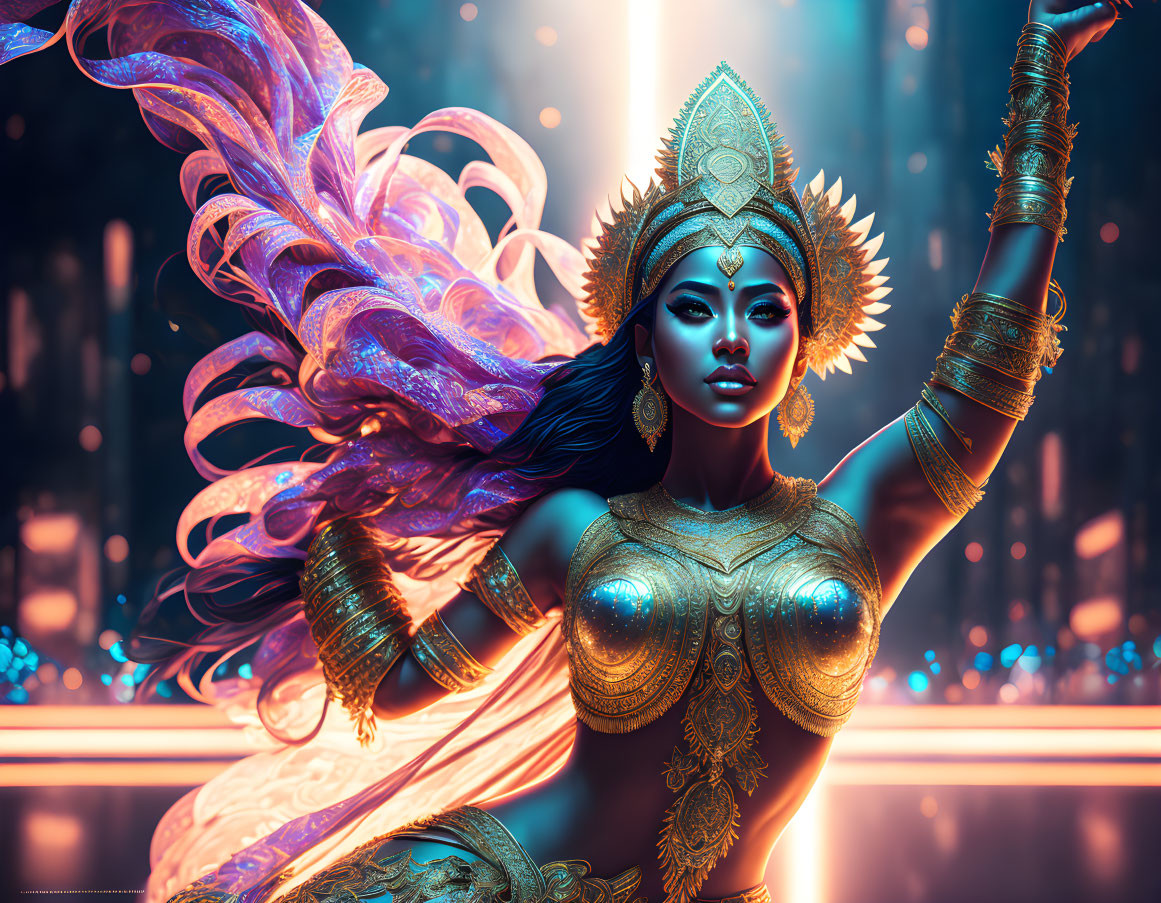 Majestic female figure in golden armor in enchanted forest