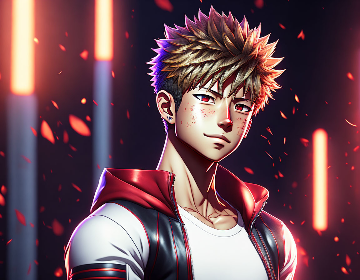 Spiky blond hair anime character in red jacket on dynamic background