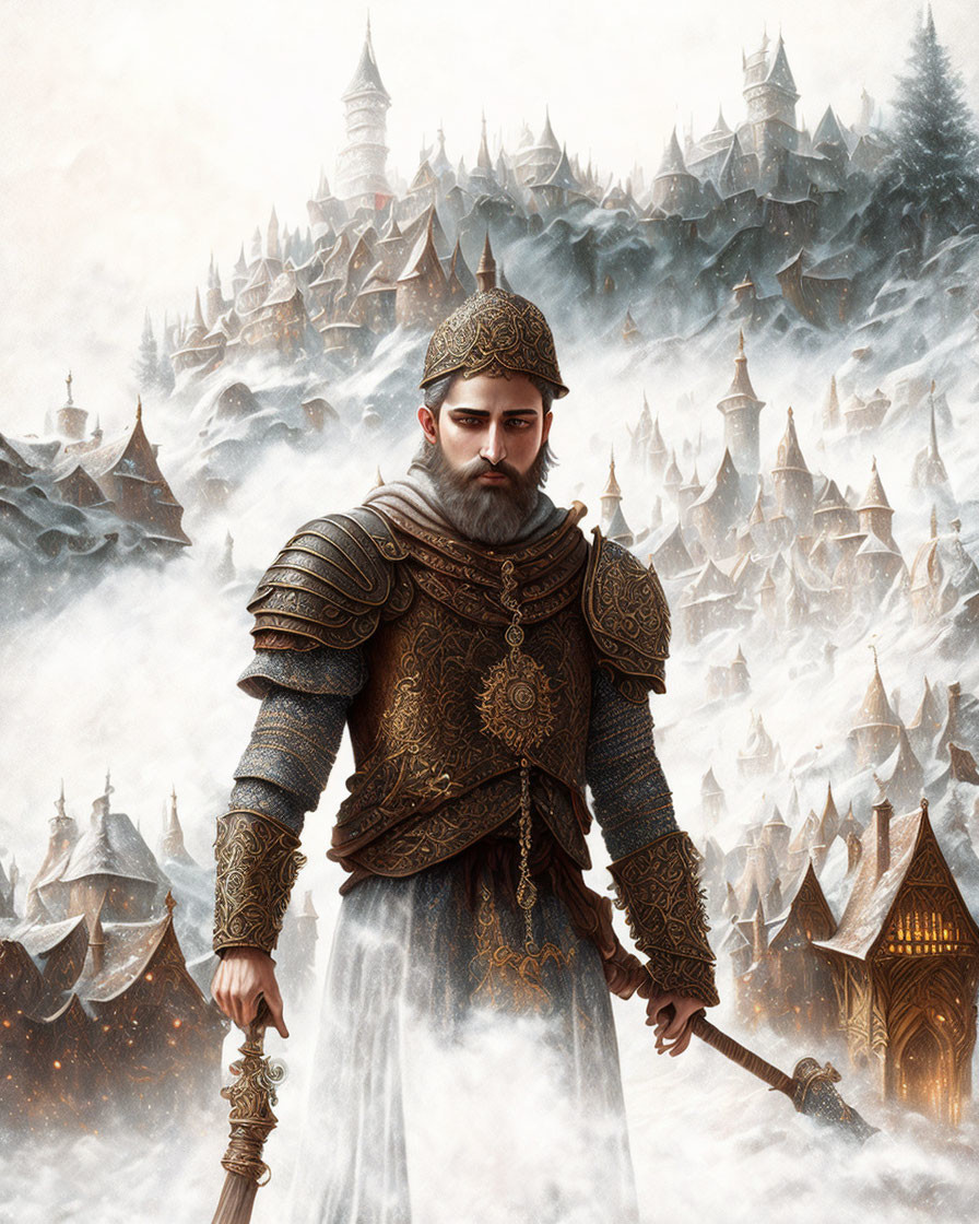 Medieval armored man with beard in snowy castle landscape holding scepter