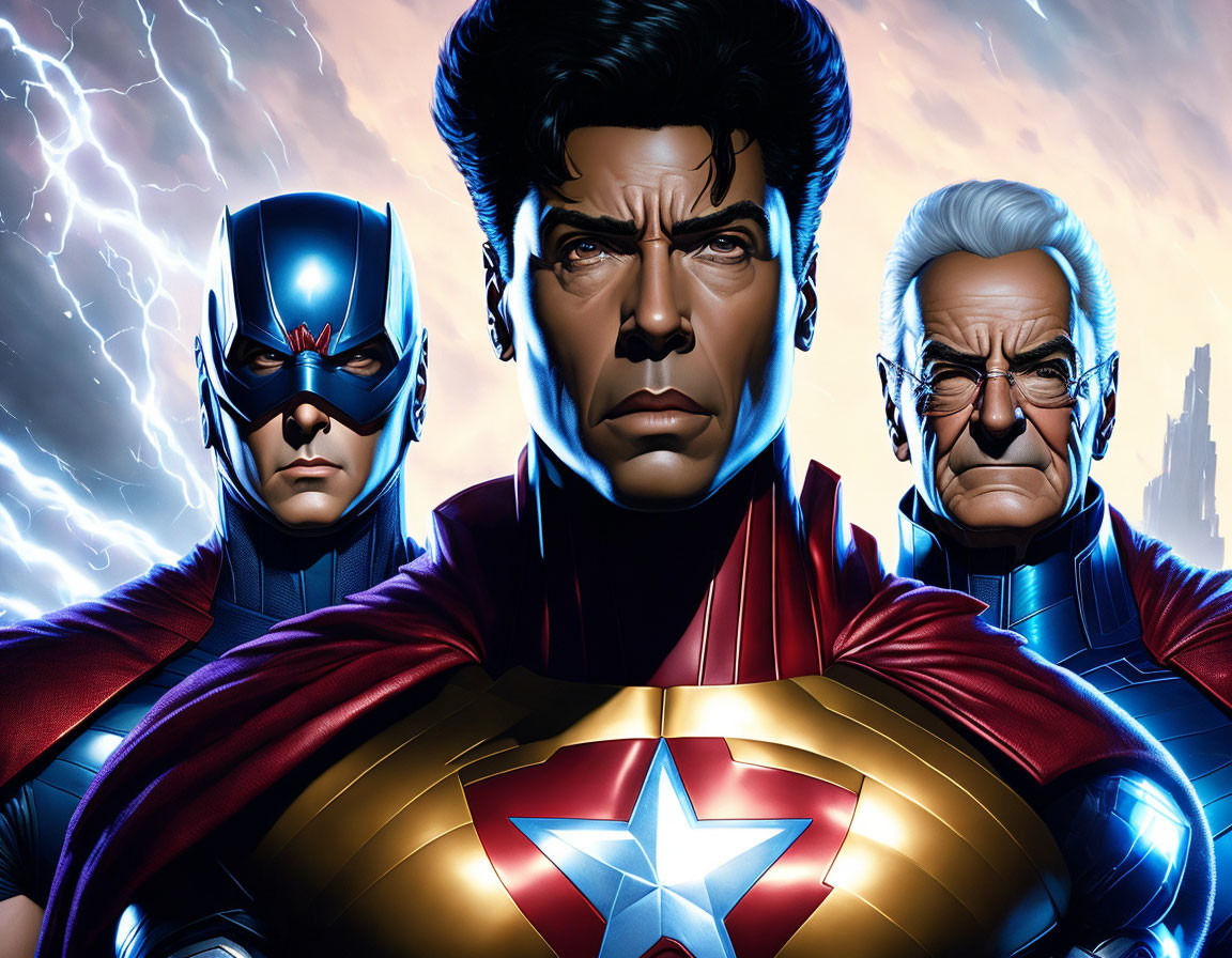 Comic Book Superhero Trio with Star Symbol on Chest, Flanked by Allies on Fiery Background