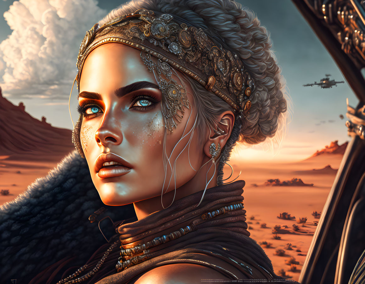 Digital artwork: Woman with blue eyes, gold jewelry, desert, flying ships