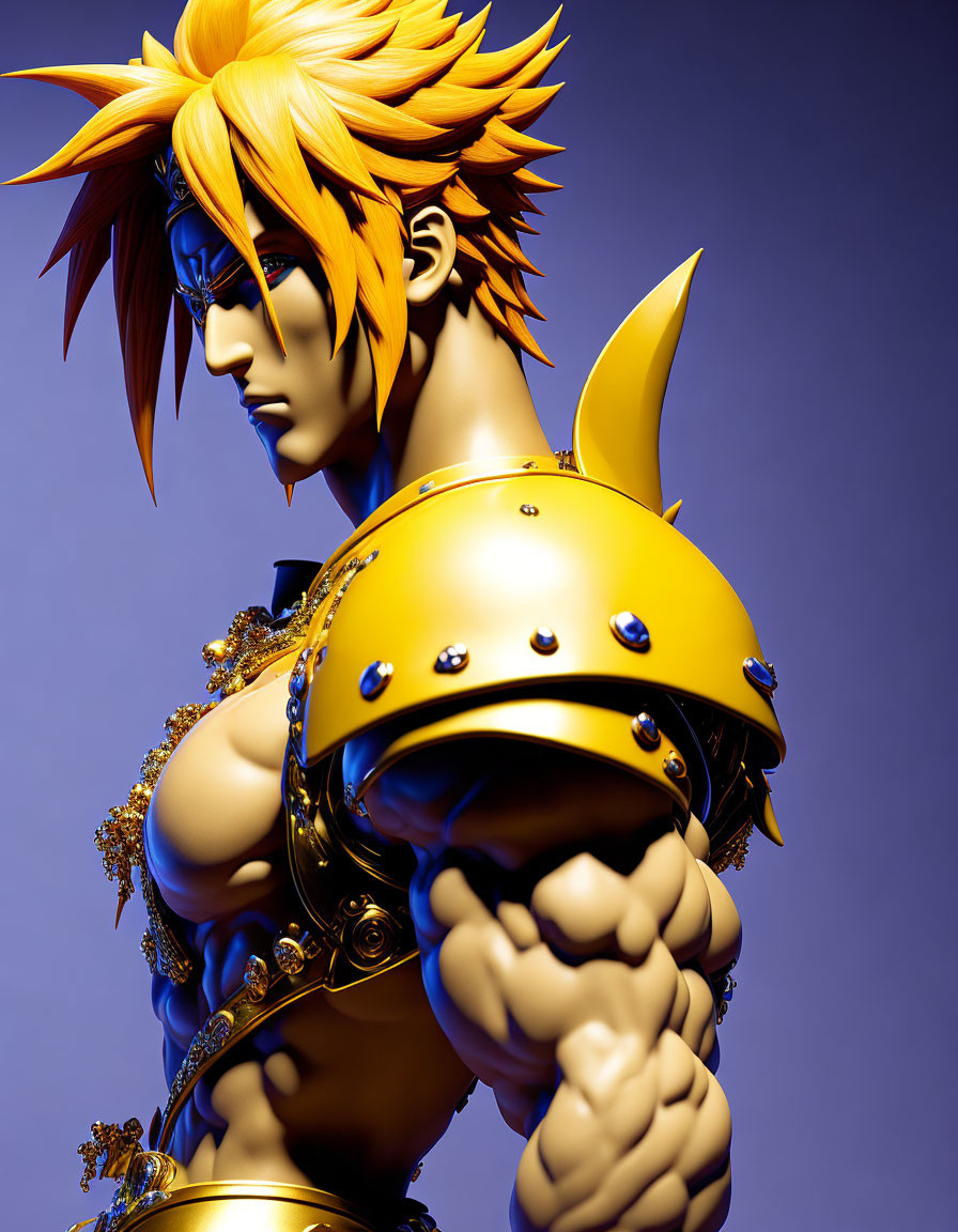 Stylized male character with blond hair in golden armor on blue background