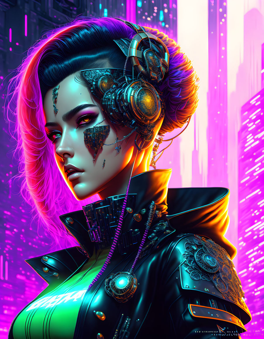 Futuristic female cyborg with neon colors and cyberpunk cityscape.