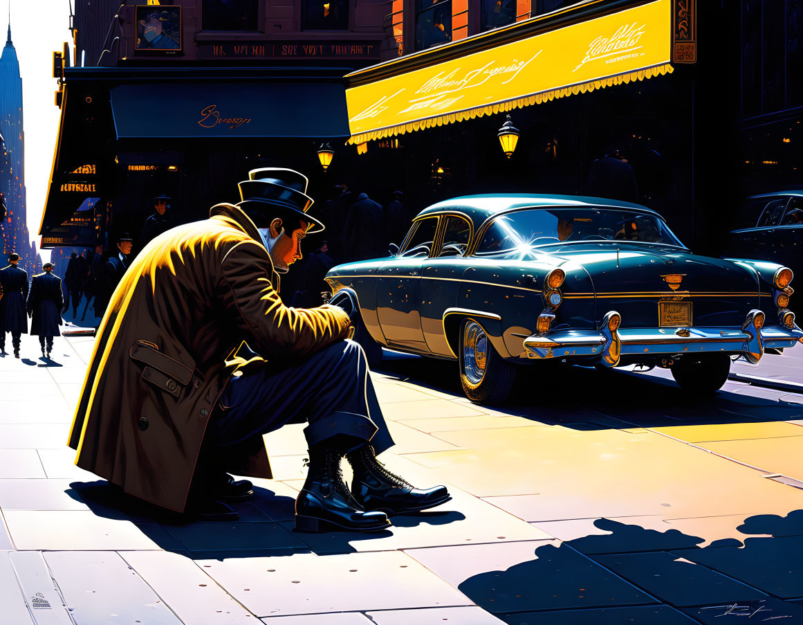 Man in trench coat and fedora contemplates by classic car at night