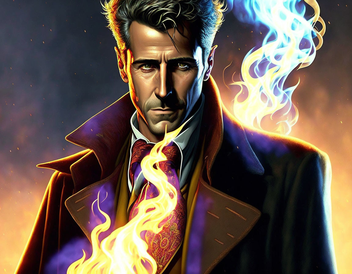 Digital illustration of suave man in burgundy coat with fiery hand.