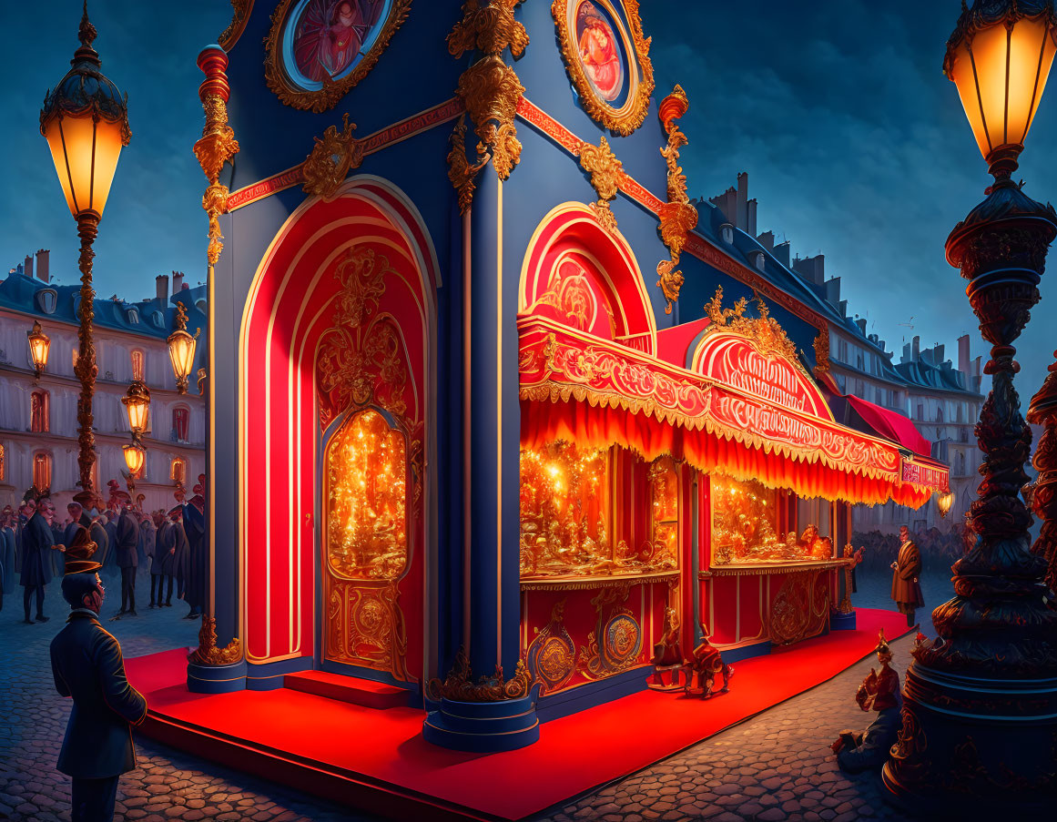 Vintage puppet theater with blue and red colors, crowd in period attire.