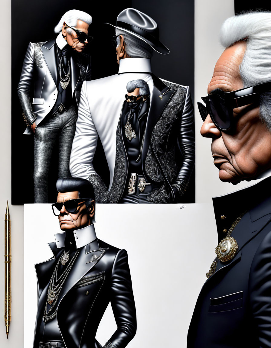 Stylized portraits of a man in fashionable attire with black-and-white clothing, leather, metallic textures